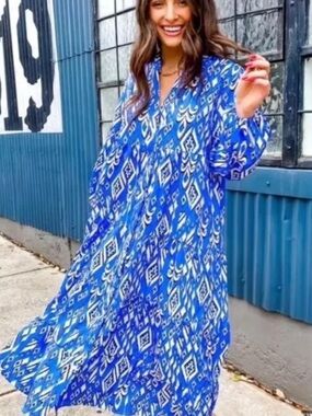 Zara Blue Geometric Print Maxi Dress
